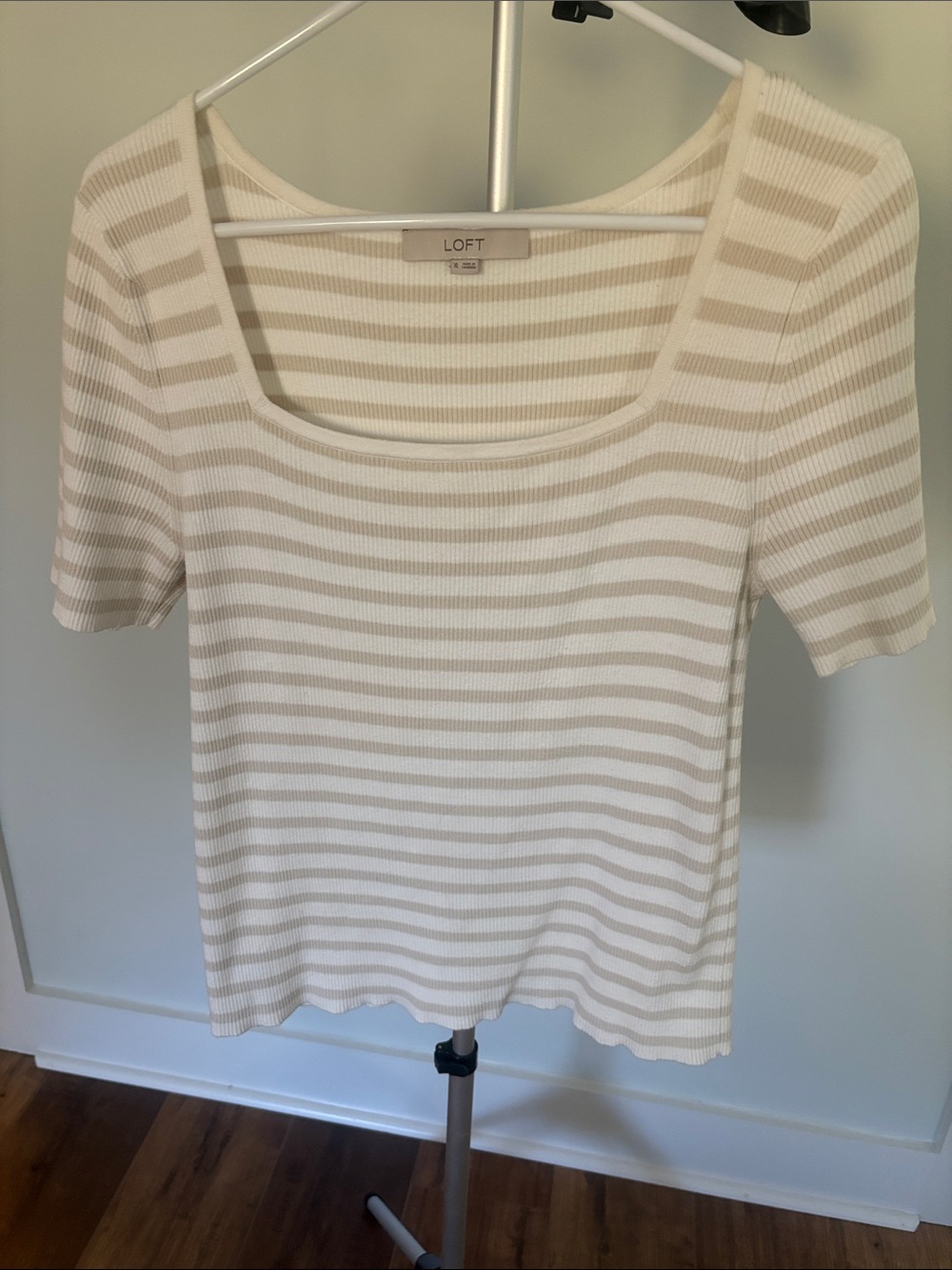 LOFT Cream & White Striped Square-Neck Short Sleeve Top